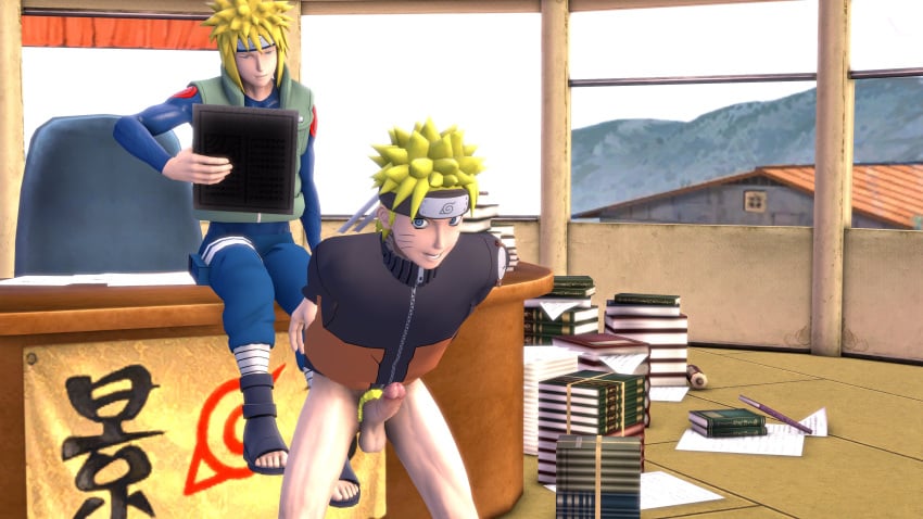 2boys 3d age_difference balls bent_over bigsunsfm blonde_hair blue_hair clothing erection father_and_son forehead_protector fully_clothed gay headband height_difference indoors jacket male male/male male_only namikaze_minato naruto naruto_(series) naruto_shippuden no_panties office older_male older_man_and_younger_boy pale-skinned_male pale_skin penis pose posing pubes pubic_hair sitting size_difference teasing testicles uncensored uzumaki_naruto whisker_markings whiskers yaoi yellow_hair younger_male