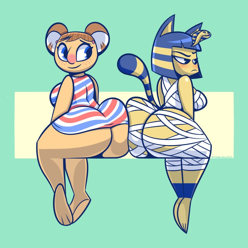 2020 2girls 3_toes alice_(animal_crossing) alternate_breast_size animal_crossing ankha annoyed anthro ass ass_to_ass back bandages barefoot big_ass big_breasts big_butt big_ears big_eyes black_eyes blue_eyes blue_fur blue_hair blush brown_hair butt_crack butt_squish chubby egyptian eyelashes feet feline female_only freckles furry green_background huge_ass huge_butt koala large_ass looking_away looking_back mythabyss nintendo paws pose short_hair shortstack sideboob sitting smile source_request stripes tail thick_thighs wide_hips yellow_fur