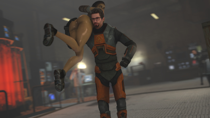 2020 3d alyx_vance background big_ass bottomless carrying female footwear funny gordon_freeman half-life half-life_2 hand_on_ass hand_on_head hand_on_shoulder highres looking_at_viewer male randomdud smug source_filmmaker sweat