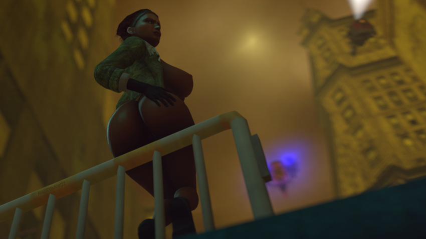 2020 3d alternate_version_at_source alyx_vance ass_focus big_ass big_breasts bottomless city combine dark-skinned_female dark_skin exposed_ass exposed_breasts female female_focus female_only gloves half-life half-life_2 half-life_2_beta hand_on_ass hi_res jacket leather_gloves leather_jacket looking_back randomdud shirtless shoes sitting source_filmmaker tactical_nudity