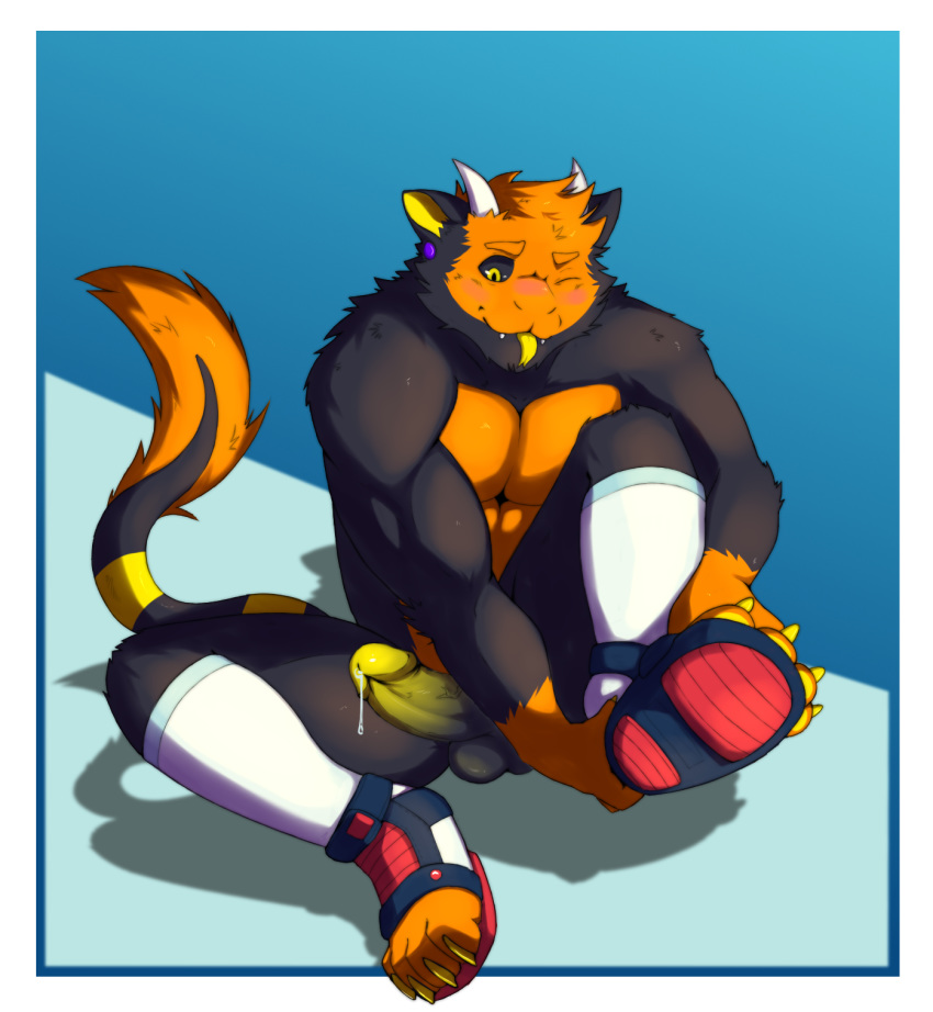 anthro balls barazoku big_(disambiguation) bodily_fluids clothing coffeecat digital_media_(artwork) feet genital_fluids genitals hi_res kemono legwear male male_only muscular paws penis precum socks solo ych_(character)