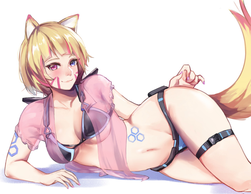 animal_ears ardeee big_breasts bikini blonde_hair blush breasts facepaint female fluffyfoxmia fox_ears fox_girl fox_tail foxyevoxy fx07 hexagon multicolored_hair original smile tattoo