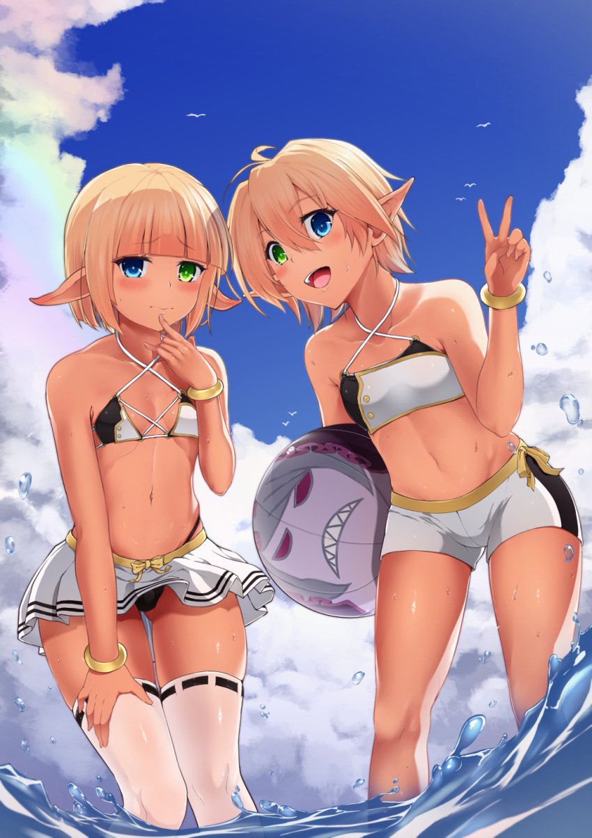 1boy 1girls artist_request aura_bella_fiora bikini bikini_shorts bikini_skirt blonde_hair brother_and_sister crossdressing female femboy heterochromia looking_at_viewer male mare_bello_fiore navel overlord_(maruyama) siblings smile swimwear trap white_bikini