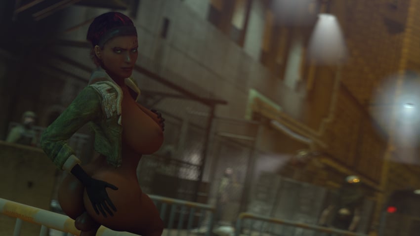 2020 3d alternate_version_at_source alyx_vance background big_ass big_breasts big_penis bottomless city cock-tail combine dark-skinned_futanari dark_skin exposed_ass exposed_breasts exposed_penis eye_contact face_tattoo futa_focus futa_only futanari gloves green_eyes half-life half-life_2 half-life_2_beta hand_on_ass hand_on_breast hi_res holding_breast jacket leather_gloves leather_jacket looking_at_viewer looking_back menacing randomdud red_hair shirtless sitting smug source_filmmaker tactical_nudity tattoo