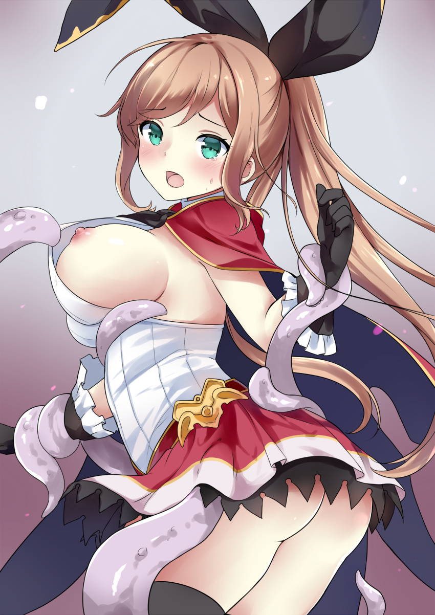 arm_grab ass black_gloves black_ribbon blue_eyes blush breasts brown_hair clarisse_(granblue_fantasy) female female granblue_fantasy kaetzchen large_breasts long_hair nipples open_mouth ponytail restrained shirt_pull sideboob skirt tears tentacle thighhighs