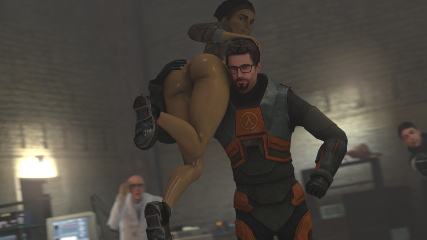 1girls 2020 3d alyx_vance background big_ass bottomless bottomless_female carrying female footwear funny gordon_freeman half-life half-life_(series) half-life_2 hand_on_ass hand_on_head hand_on_shoulder hev_suit hi_res human human_female human_male human_only looking_at_viewer male randomdud smug source_filmmaker straight sweat