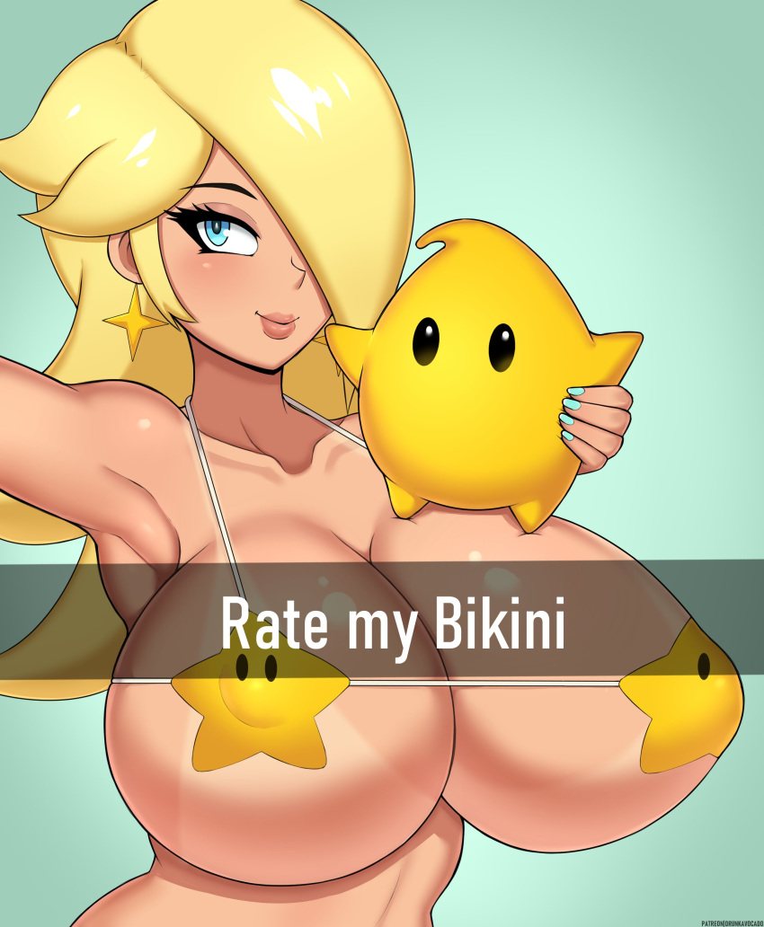 1girls alternate_breast_size asking_for_it bedroom_eyes big_breasts bikini bimbo breast_focus breasts busty cleavage cock_hungry drunkavocado female female_only huge_breasts large_breasts looking_at_viewer luma luma_bikini mario_(series) nintendo presenting_breasts princess_rosalina skimpy skimpy_bikini skimpy_clothes snapchat solo solo_female super_mario_galaxy