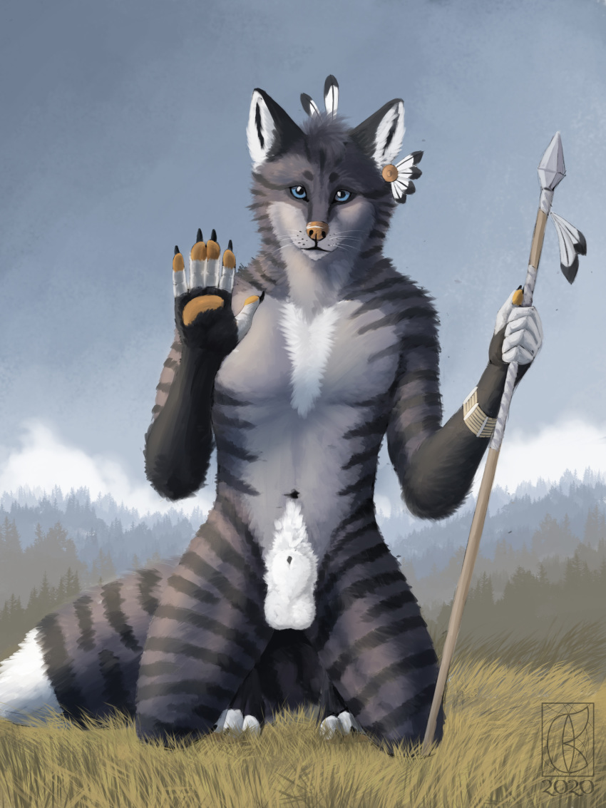 3:4 absurd_res animal_genitalia anthro canid canine domestic_cat faxby feathers felid feline felis fluffy fox genitals hi_res male male_only mammal melee_weapon paws polearm sheath solo solokhoniir spear stripes tabby_cat tribal weapon zax