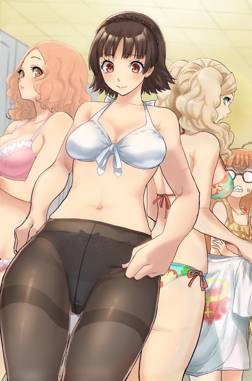 4girls ann_takamaki ass bra cleavage dressing exposed_panties female_only haru_okumura jealous kurosususu makoto_niijima multiple_girls panties panties_under_pantyhose pantyhose persona persona_5 sakura_futaba swimsuit underwear