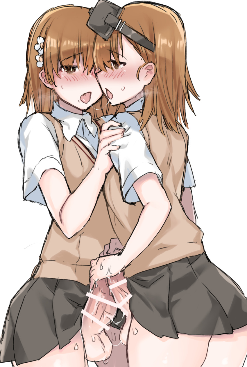 2020 2020s 2futas anoshabu censored clone clothed_sex clothing futa_on_futa futa_only futanari goggles grey_skirt handjob incest misaka_imouto misaka_mikoto penis_under_skirt pleated_skirt saliva school_uniform schoolgirl selfcest sex_in_skirt siblings sisters skirt tagme teenage_girl teenager teenager_on_teenager to_aru_kagaku_no_railgun to_aru_majutsu_no_index tokiwadai_school_uniform white_background young