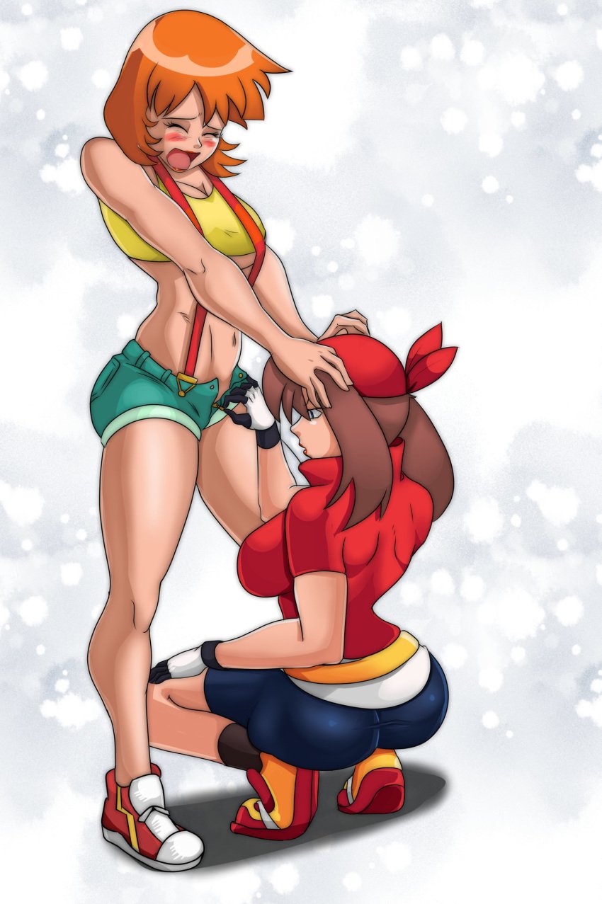 2girls abs aged_up alternate_breast_size brown_hair female female_only guyverreset human kasumi_(pokemon) may_(pokemon) misty_(pokemon) multiple_girls nintendo orange_hair pokemon pokemon_frlg pokemon_rgby pokemon_rse thick_thighs thigh_gap underboob wide_hips yuri