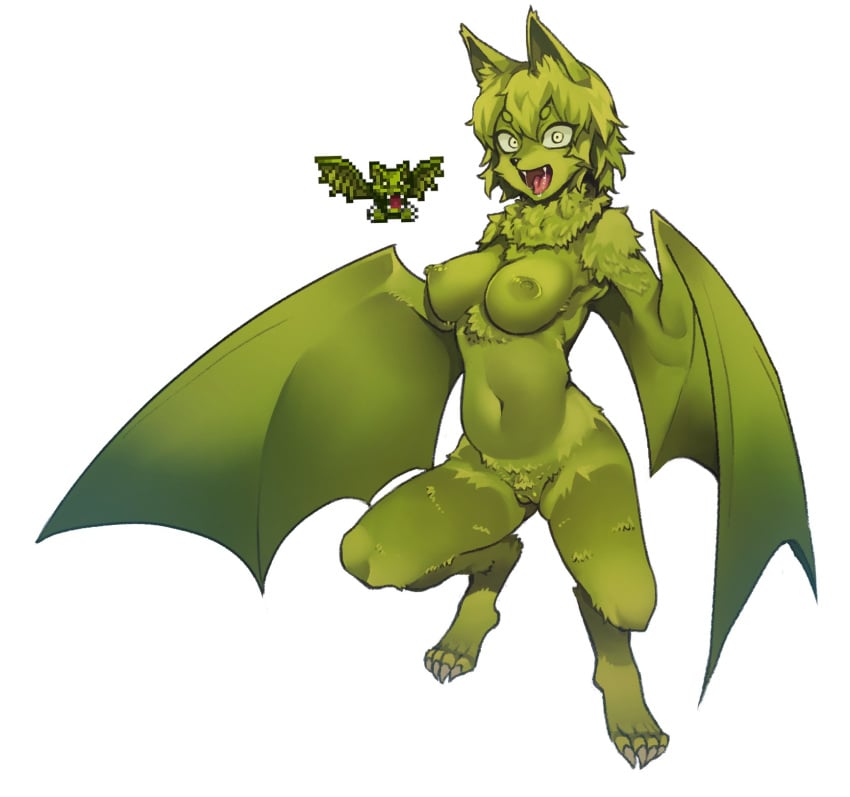 4_toes anthro anthrofied big_breasts black_nose breasts chiropteran claws digitigrade fangs female fluffy fur genitals giant_flying_fox_(terraria) gijinka green_body green_fur green_hair green_nipples hair hi_res inner_ear_fluff kemono large_breasts looking_at_viewer mammal membrane_(anatomy) membranous_wings monotone_body monotone_fur monotone_hair monster_girl navel neck_tuft nipples nude nyong_nyong open_mouth open_smile pteropodid pussy realistic_wings reference_inset short_hair simple_background smile solo standing terraria toe_claws toes tongue tongue_out tuft white_background wide_hips winged_arms wings yellow_eyes