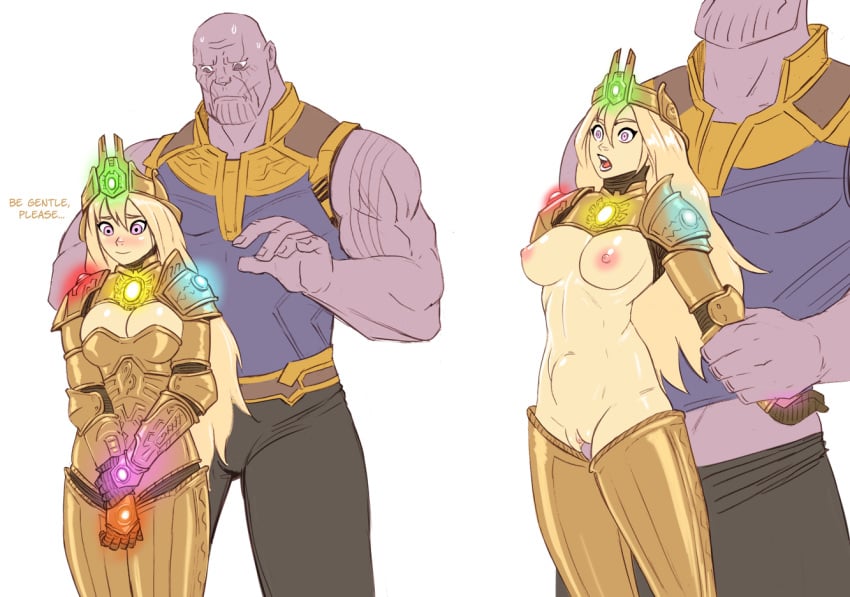 1boy 1boy1girl 1girls big_dom_small_sub big_penis breasts digital_drawing_(artwork) digital_media_(artwork) english english_text female female_penetrated flick gijinka humanized infinity_gauntlet interspecies male male/female male_penetrating male_penetrating_female maledom marvel meme pounding rough_sex sex sex_from_behind stomach_bulge tagme text thanos