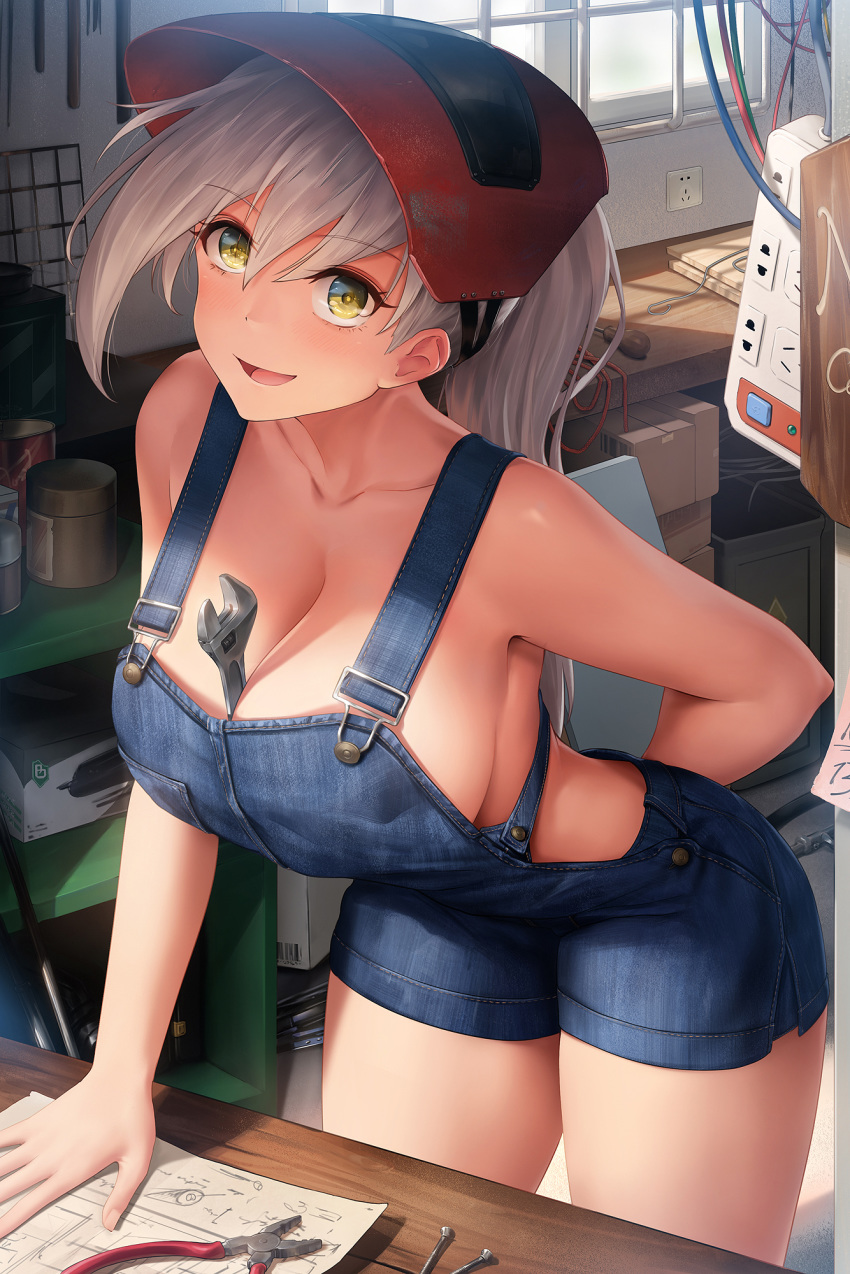 1girls 2019 :d absurd_res arm_behind_back bangs bare_shoulders between_breasts blush box breasts cable cardboard_box cleavage collarbone cowboy_shot day denim denim_overalls dot_nose electric_socket eyebrows_visible_through_hair female female_only green_eyes highres indoors large_breasts leaning_forward looking_at_viewer mask mask_on_head naked_overalls no_bra obaoba_(monkeyix) open_mouth original overall_shorts overalls pliers ponytail screwdriver shelf sideboob silver_hair smile solo thick_thighs thighs welding_mask window wooden_table wrench yellow_eyes