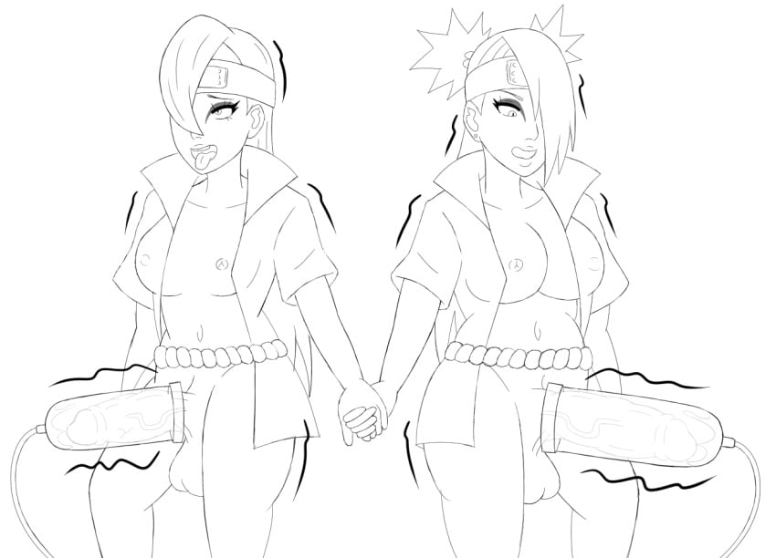 2futas akimichi_chouchou balls big_penis black_and_white boruto:_naruto_next_generations breasts erection forehead_protector futa_only futanari hair_over_one_eye hand_holding headband holding_hands jacket kunoichi large_penis milking milking_machine naruto naruto_(series) nipples open_clothes open_mouth penis queen_hina sketch small_breasts standing testicles tied_hair tongue tongue_out twintails veiny_penis yodo