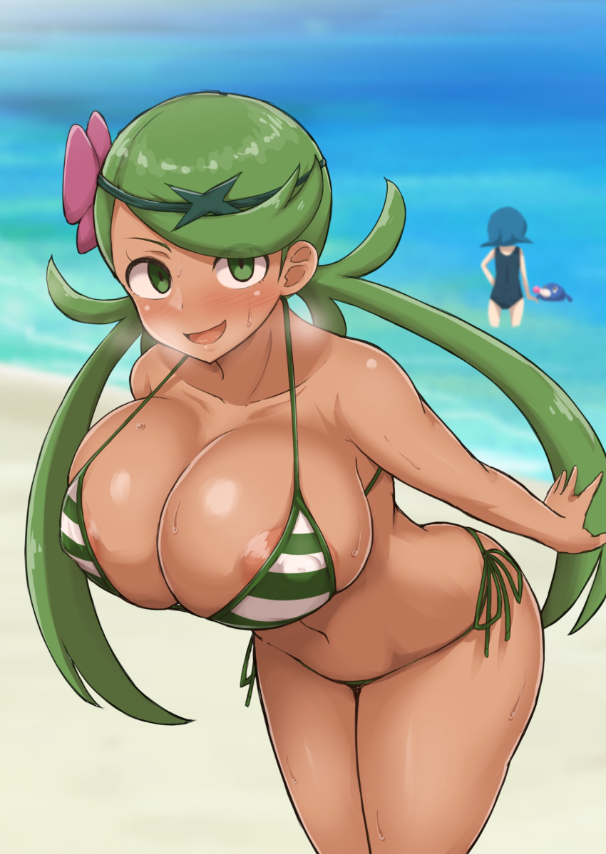 2girls abs aged_up alternate_breast_size alternate_outfit areola_slip areolae ass beach big_areola big_ass big_nipples bikini blue_hair blush dark-skinned_female dark_areola dark_nipples dark_skin eye_contact female female_only flower flower_in_hair green_eyes green_hair heavy_breathing high_resolution huge_areolae huge_breasts huge_nipples human lana_(pokemon) large_breasts larger_female long_hair long_twintails looking_at_viewer looking_away looking_pleasured mallow_(pokemon) micro_bikini multiple_girls nintendo nipple_bulge nipple_slip nipples nipples_visible_through_clothing no_pubic_hair pokemon pokemon_(species) pokemon_sm size_difference smaller_female source_request standing striped striped_bikini swimsuit thick_thighs thighs voluptuous wide_hips yamaori