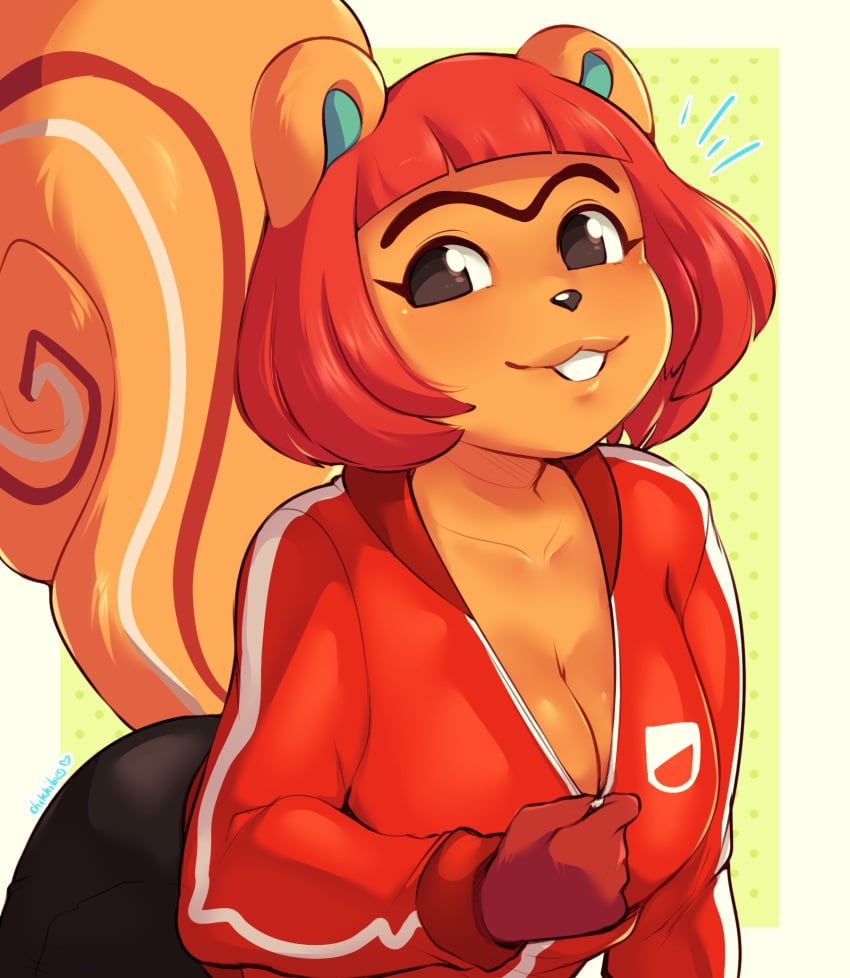 :3 animal_crossing bent_over black_eyes blush_stickers chikkibug cleavage female hazel_(animal_crossing) looking_at_viewer nintendo orange_fur orange_hair scurid smile squirrel tail unzipping