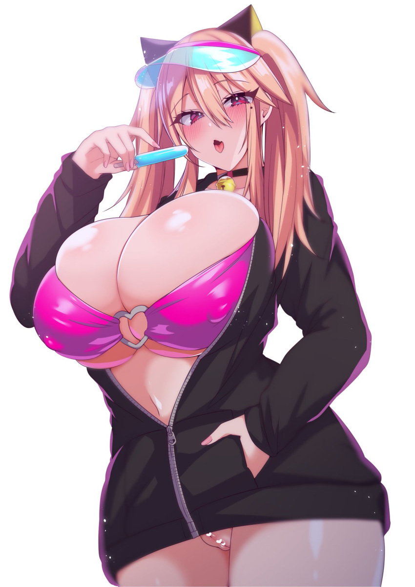 1girls big_breasts bikini_top blonde_hair blush cat_ears censored choker cleavage female hand_in_pocket hat hoodie huge_breasts kaenuco looking_at_viewer mia_(kaenuco) mole_under_eye nipple_bulge no_panties oerba_yun_fang open_mouth original original_character pink_eyes popsicle solo solo_female sweatshirt unzipped visor_cap zipper