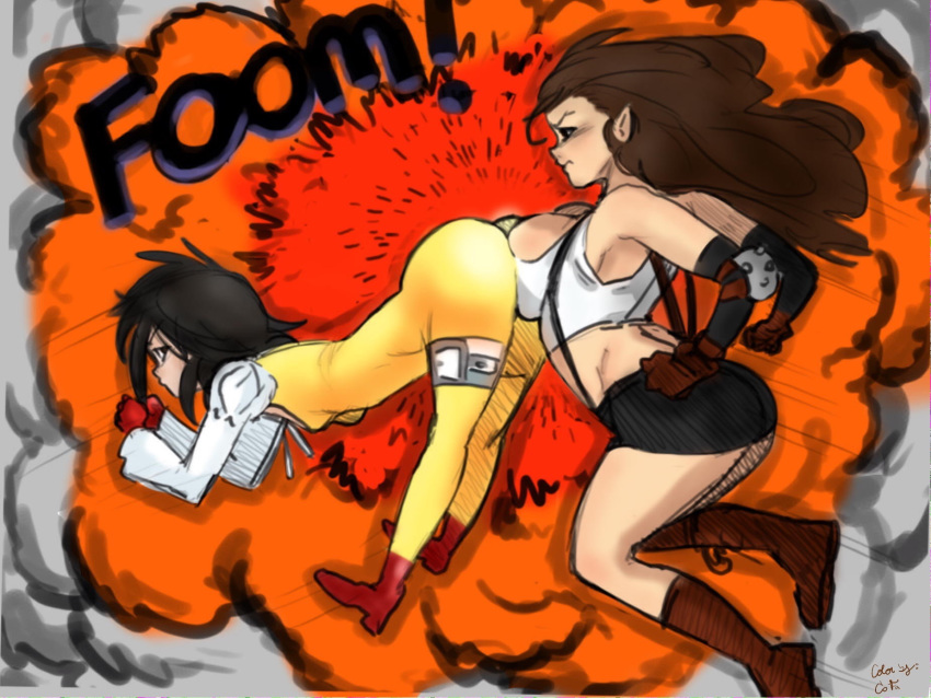 2girls ass ass_press big_breasts black_hair bodysuit breast_press breasts colored crossover d1975 female female_only final_fantasy final_fantasy_ix final_fantasy_vii garnet_til_alexandros_xvii human multiple_females orange_bodysuit tifa_lockhart