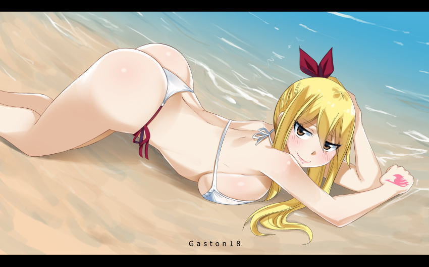 absurdres all_fours artist_name ass ass_up beach big_ass bikini blonde_hair blush breast_press breasts brown_eyes curvy eyes_visible_through_hair fairy_tail female female_focus g-string gaston18 hair_ornament hair_ribbon highres hip_focus huge_ass large_breasts legs long_hair lucy_heartfilia ribbon seductive seductive_smile smile solo swimsuit tattoo thong thong_bikini white_bikini white_swimsuit white_thong