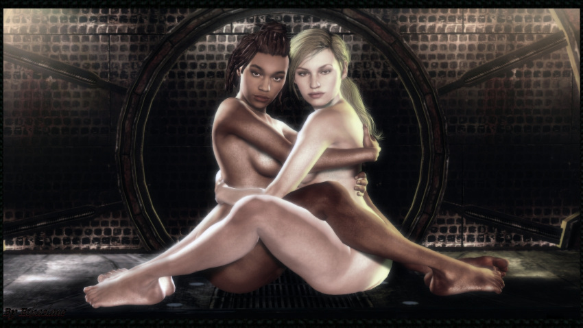 2girls 3d 3d_(artwork) barefoot big_breasts blonde_hair bottomless breasts brown_hair cassie_cage completely_nude dark-skinned_female dark_hair dark_skin ethaclane feet female female_only hugging jacqui_briggs long_hair looking_at_viewer mortal_kombat mortal_kombat_11 naked no_bra no_panties no_underwear nude nude_female nudity pale-skinned_female ponytail sitting topless uncensored