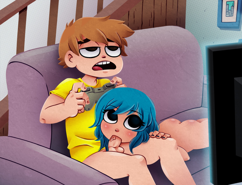 big_eyes blowjob blue_hair bottomless bottomless_male casual_sex controller enf-lover fellatio female lineless male nude nude_female penis ramona_flowers scott_pilgrim scott_w_pilgrim tagme video_games