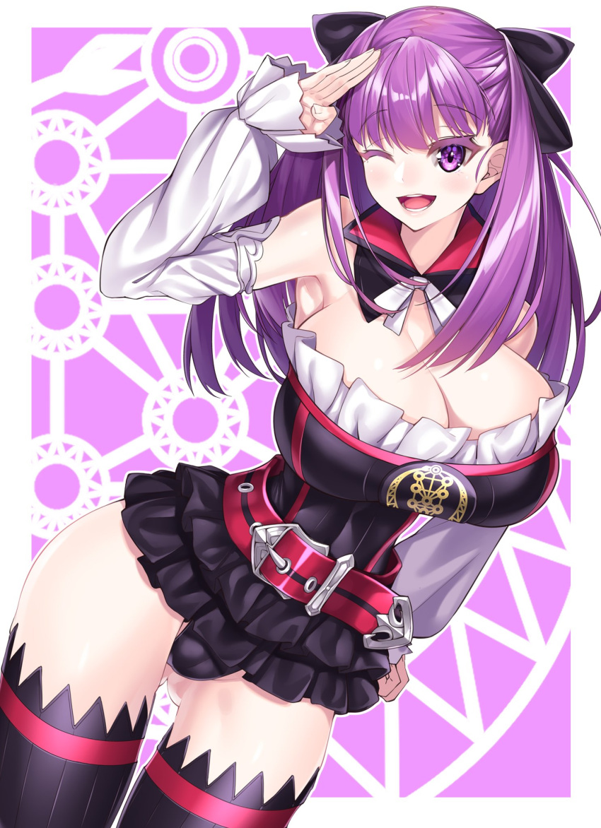 aged_up alternate_breast_size alternate_hairstyle cleavage detached_sleeves fate/grand_order fate_(series) hair_ornament hand_on_hip helena_blavatsky_(fate) huge_breasts large_breasts looking_at_viewer miniskirt purple_eyes purple_hair salute thighs watosu_(watosu_mama) winking