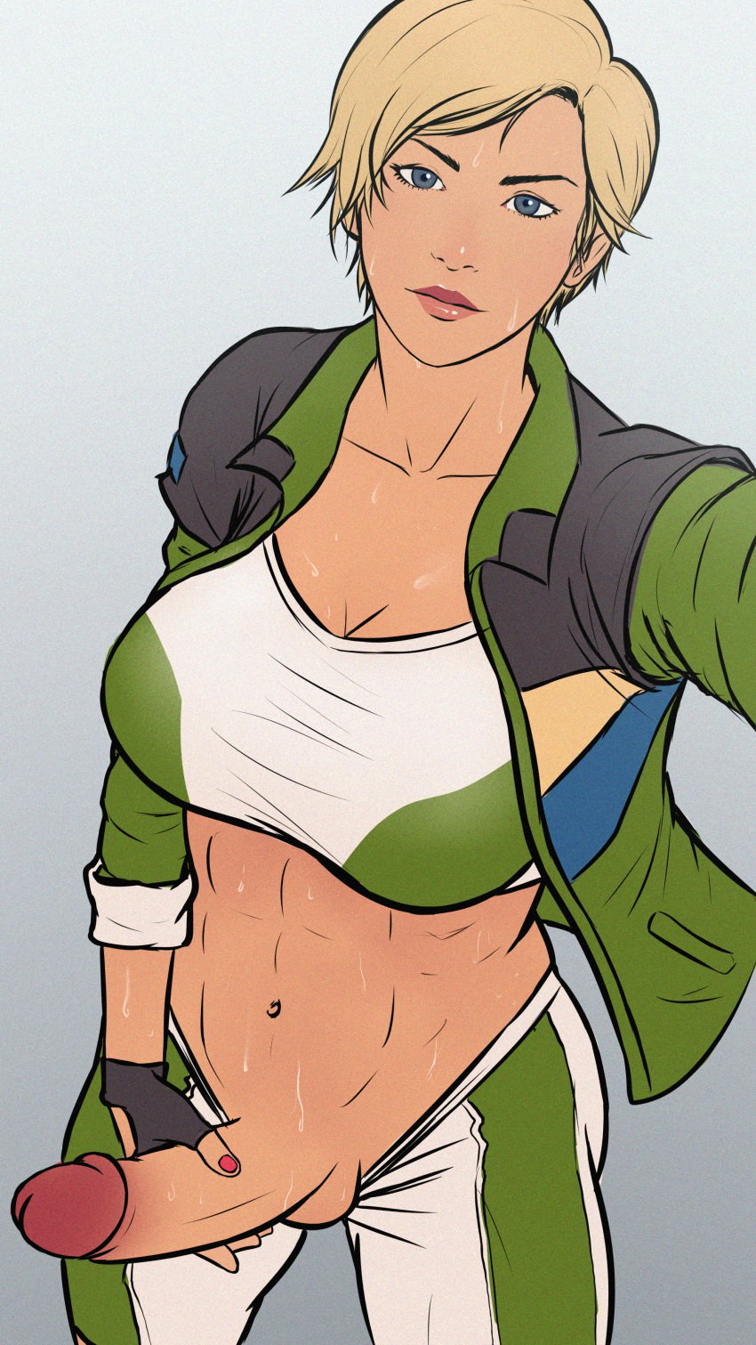 2d abs athletic bare_midriff blonde_hair blue_eyes cassie_cage futa_only futanari hakuboi mortal_kombat mortal_kombat_11 muscular muscular_futanari selfie solo_futa sweat sweaty workout_clothes