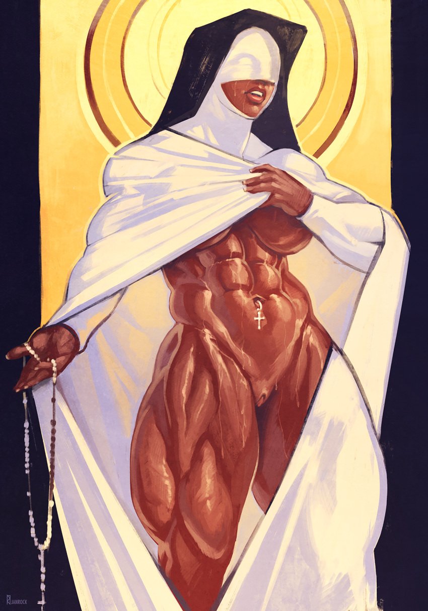 1girls abs big_breasts big_clitoris blindfold breasts cape christianity clitoris covering_breasts dark-skinned_female extreme_muscles female human human_only janrock lips muscles muscular muscular_female muscular_thighs nun nun's_habit plump_labia plump_lips pose pussy religion solo sweat tan-skinned_female tan_skin thick_thighs thighs underboob voluptuous voluptuous_female