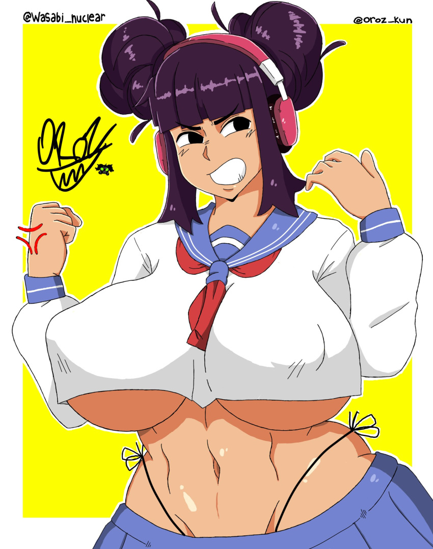 1girls abs aesthetic_clothes angry asian_latina big_breasts black_eyes command_grab female female_only headphones huge_breasts japanese_clothes latina muscular_female naughty_face navel nuclearwasabi oroz_kun puffy_nipples purple_hair revealing_clothes school_uniform seductive thong