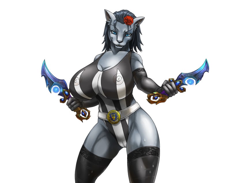 2016 4:3 absurd_res accessory alpha_channel anthro armwear belt big_breasts black_clothing black_elbow_gloves black_hair black_legwear black_lips black_nose black_stockings black_swimwear blizzard_entertainment blue_eyes breasts bustycat camel_toe canid cleavage clothed clothing creative_commons dagger digital_media_(artwork) digital_painting_(artwork) elbow_gloves erect_nipples eyebrows eyelashes female flower flower_in_hair fur gloves glowing glowing_eyes glowing_weapon grey_body grey_fur hair hair_accessory handwear hi_res legwear link2004 lips looking_at_viewer mammal melee_weapon monotone_body monotone_fur multicolored_clothing multicolored_swimwear nipple_outline nipples one-piece_swimsuit open_mouth plant simple_background solo standing stockings swimwear transparent_background two_tone_clothing two_tone_swimwear video_games warcraft weapon were werecanid werewolf wet white_clothing white_swimwear worgen worgen_female