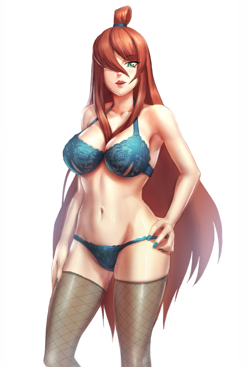 1girls big_breasts blue_nails bra breasts brown_hair cleavage female female_only fishnet_stockings green_eyes hair_over_one_eye long_fingernails long_hair looking_at_viewer mei_terumi naruto naruto_(series) naruto_shippuden panties simple_background stockings underwear very_long_hair white_background wide_hips yatisi