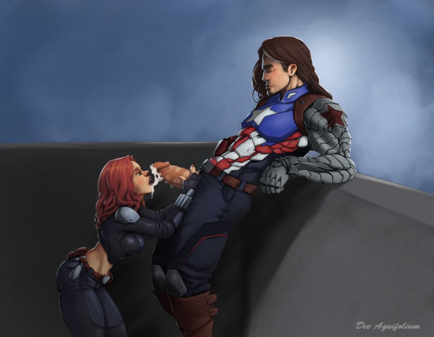 1boy 1girls armor avengers bare_midriff biceps black_widow_(marvel) blowjob brown_hair bucky_barnes captain_america_(series) clothed_sex cum cum_in_mouth cum_string deeaquifolium fellatio fingerless_gloves glans hourglass_figure human large_penis light-skinned_female light-skinned_male light_skin lipstick long_hair marvel marvel_comics mechanical_arm muscle muscles muscular muscular_male nail_polish natasha_romanoff navel navel_piercing oral oral_penetration oral_sex penis penis_out piercing red_hair saliva saliva_on_penis straight thick_penis wide_hips winter_soldier