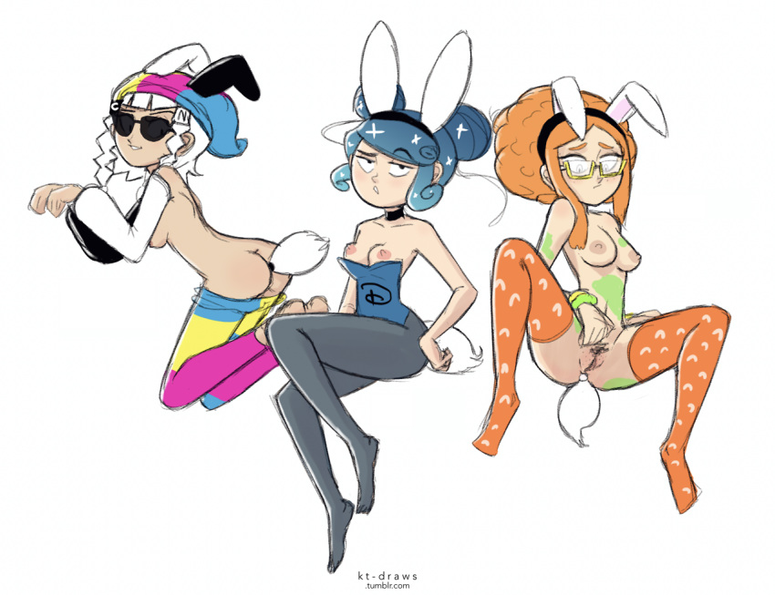 3girls ass blue_hair breasts bunny_ears bunny_tail bunnysuit cartoon_network channel-tan disney disney_channel female glasses kneeling kt-draws legs_apart legs_together medium_breasts multiple_girls nickelodeon nickelodeon-tan orange_fur pantyhose pantyhose_around_legs pantyhose_down pussy sideboob sitting small_breasts stockings sunglasses tail_plug thighhighs vagina vulva white_hair