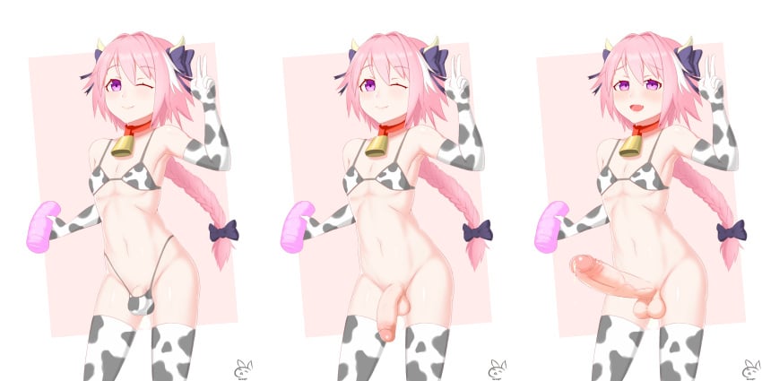 1boy abs androgynous astolfo_(fate) balls balls_in_panties big_penis bottomless bulge cow_bikini cow_costume cowbell erection fate/grand_order fate_(series) femboy flat_chest girly gloves huge_cock hung_trap large_penis long_hair long_penis male male_only micro_bikini no_panties onahole one_eye_closed pale-skinned_male pale_skin penetrable_sex_toy penis_bulge pink_hair purple_eyes semi-erect smile solo standing thick_penis thick_thighs thighhighs thighs trap veiny_penis woof_(artist)