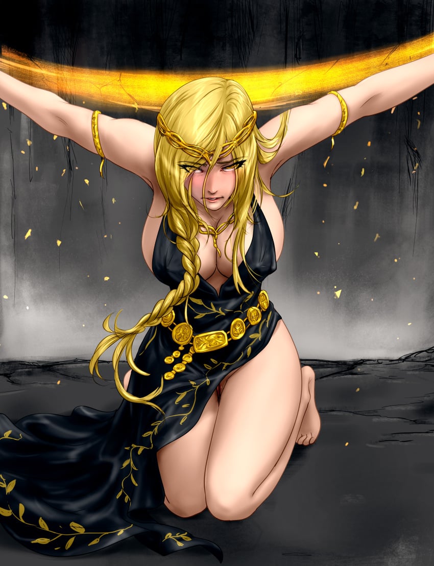 1girls arms_tied arms_up ayaswan big_breasts blonde_hair cleavage crown dress elden_ring feet female female_only fromsoftware kneeling light-skinned_female milf pussy pussy_peek queen_marika_the_eternal sideboob thick_thighs toes