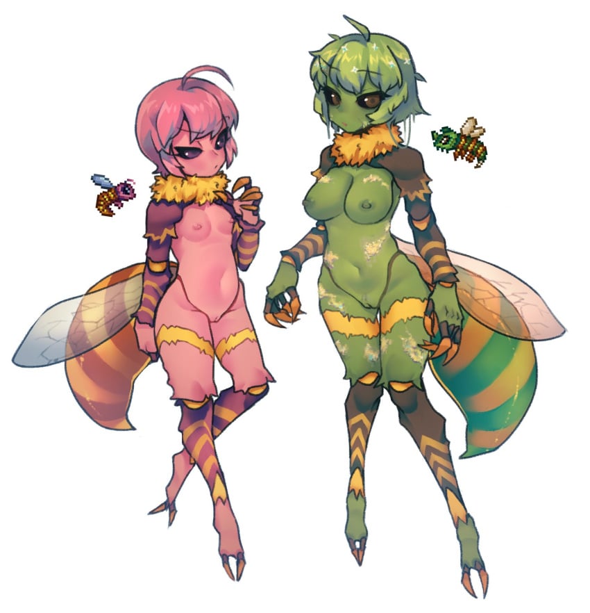 2_toes 2girls 5_fingers ahoge alternate_species animal_humanoid anthro arthropod arthropod_abdomen arthropod_humanoid bee_humanoid big_breasts black_sclera breast_size_difference breasts claws duo eyebrows_visible_through_hair eyelashes female female_only fingers floating genitals gijinka green_body green_eyes green_hair green_nipples green_skin hair hi_res hornet_(terraria) humanoid humanoidized hymenopteran hymenopteran_humanoid insect_humanoid insect_wings insects looking_at_viewer monotone_hair monster_girl moss_hornet_(terraria) multicolored_body multicolored_skin multiple_girls navel neck_tuft nipples nude nyong_nyong pink_body pink_hair pink_nipples pink_skin purple_eyes pussy short_hair simple_background slim small_breasts standing stinger stripes terraria toes tuft white_background wings yellow_stripes