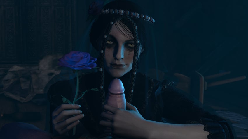 1girls 3d black_clothing black_hair black_lipstick cd_projekt_red clothed_female eyeshadow female flower hand_on_penis handjob iris_von_everec looking_at_viewer mascara oral partial_male pov rose the_witcher_(series) the_witcher_3:_wild_hunt tied_hair yellow_eyes