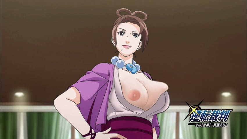 1girls accidental_exposure areolae breasts brown_hair curvy edit erect_nipples exposed exposed_nipples female female_only gyakuten_saiban huge_breasts mia_fey nipple_slip nipples oblivious overflowing_breasts pearl_fey possession screenshot_edit silverfox12 solo third-party_edit wardrobe_malfunction