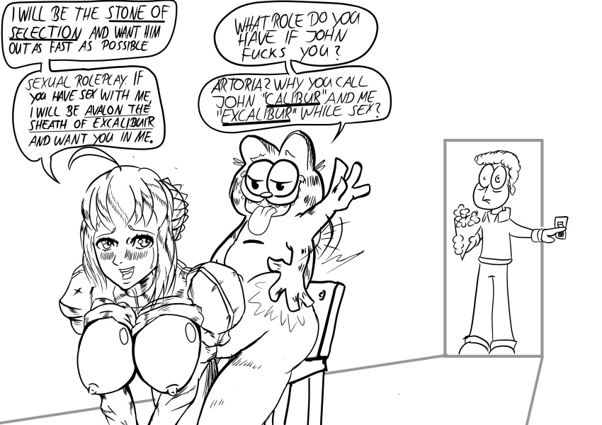 artoria_pendragon ass_slap big_breasts caught caught_in_the_act crossover cucked_by_anthro doggy_style english_text fate/grand_order fate/stay_night fate_(series) female from_behind garfield_(series) garfield_the_cat humor jon_arbuckle male netorare saber sex slapping_ass slapping_butt smile text zoophilia