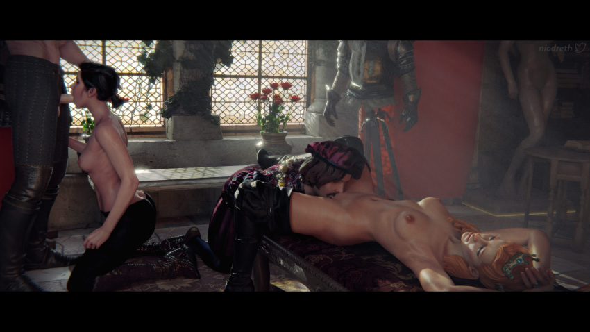 2boys 2girls 3d anna_henrietta arms_above_head blowjob breasts cd_projekt_red clothed_male_nude_female crown cunnilingus fellatio geralt_of_rivia hand_on_head indoors jaskier_(the_witcher) kneeling licking_penis licking_pussy niodreth oral oral_sex partially_clothed penis royalty syanna the_witcher the_witcher_(series) the_witcher_2 the_witcher_3:_wild_hunt