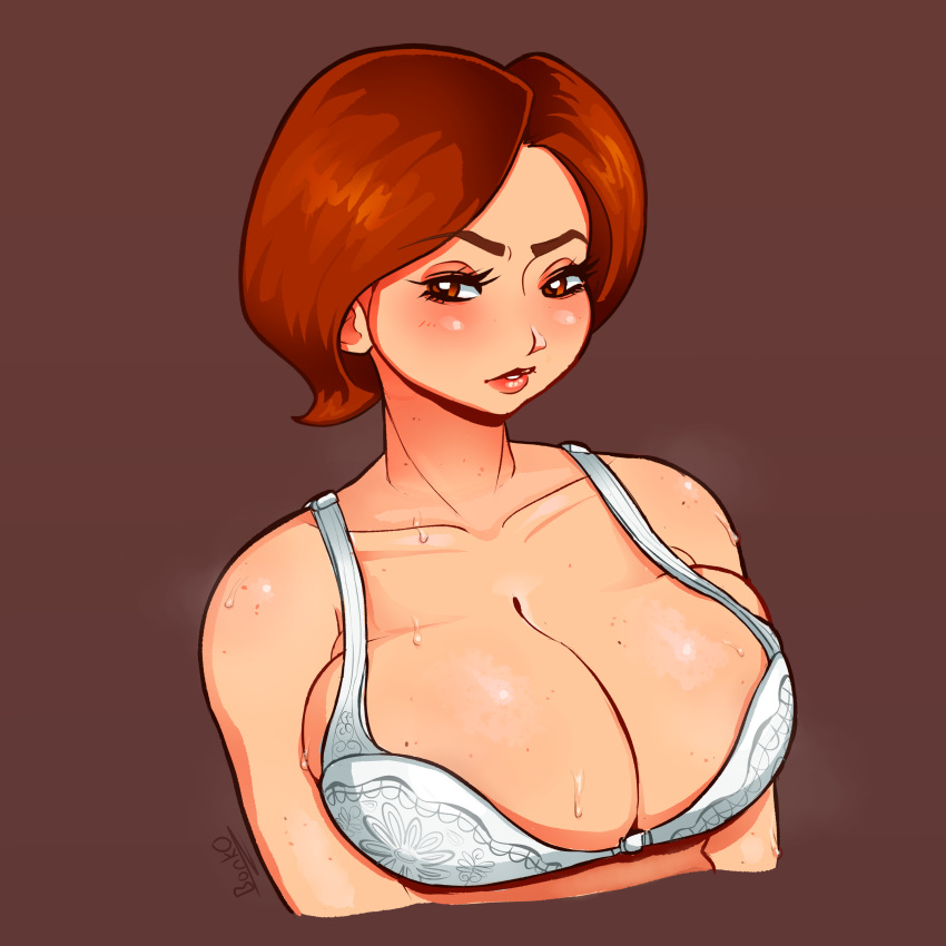 1girls alternate_outfit bonkoarts bra breast_freckles breast_squish breasts cleavage clouds deep_cleavage disney fanart female female_only freckles helen_parr lace-trimmed_bra large_breasts milf mother pixar smooth_skin solo steam steaming_body sweat sweatdrop sweater the_incredibles topless