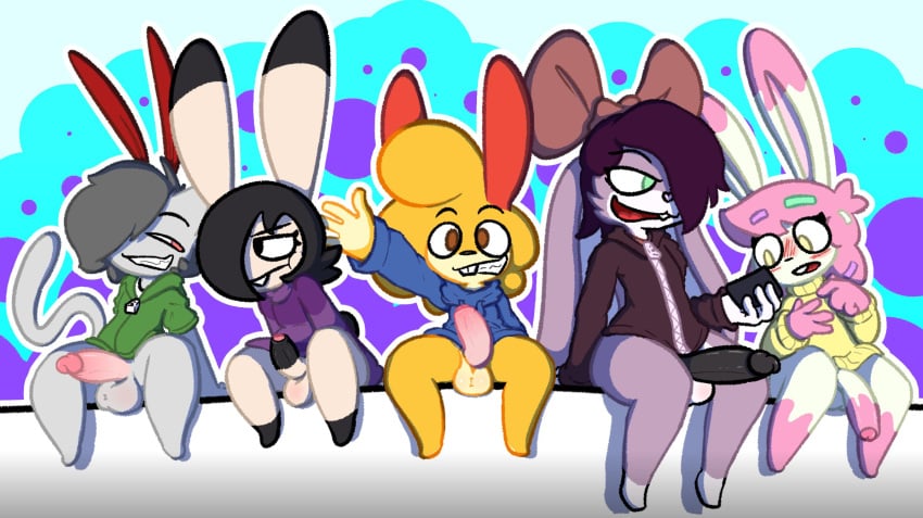 5boys amai_puwai_(character) anthro balls blush bottomless cain_(neko3240) clothed clothing digital_media_(artwork) domestic_cat dumbun erection featureless_feet felid feline felis femboy fur genitals group hair hi_res humanoid_genitalia humanoid_penis lagomorph leporid looking_at_viewer male male_anthro male_only mammal multicolored_body multicolored_fur open_mouth penis pizza_rabbit_(rabblet) presenting presenting_penis quse rabbit rabblet simple_background smile solo tongue topwear uncut