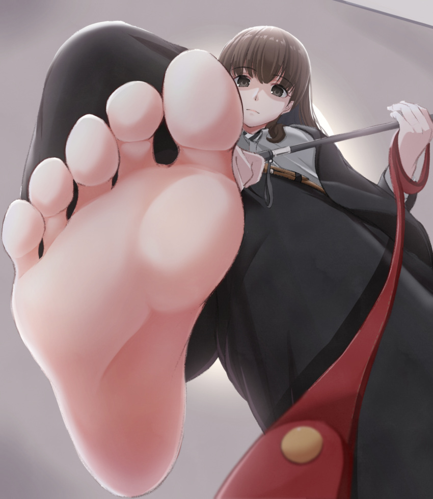 1girls belt black_jacket brown_eyes brown_hair closed_mouth clothing eyebrows_visible_through_hair feet female female_only femdom foot_focus foot_worship jacket leash leashed_pov long_hair looking_at_viewer pov submissive_pov toes yoshimoto_(carpsukidayo)