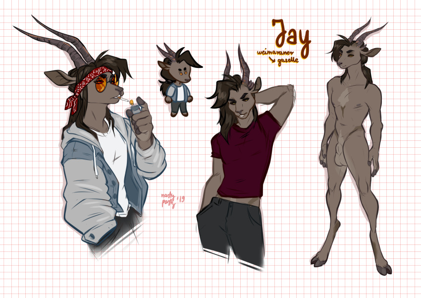 2019 absurd_res alternate_species animal_genitalia antelope anthro balls bandana bovid chibi cigarette demon eyewear fingers fully_sheathed gazelle genitals girly hair hand_in_pocket hi_res hooved_fingers hooves horn jay_reed lighter long_hair male mammal multi_horn multiple_poses nastypasty nude pockets pose sheath smoking solo sunglasses unguligrade_anthro