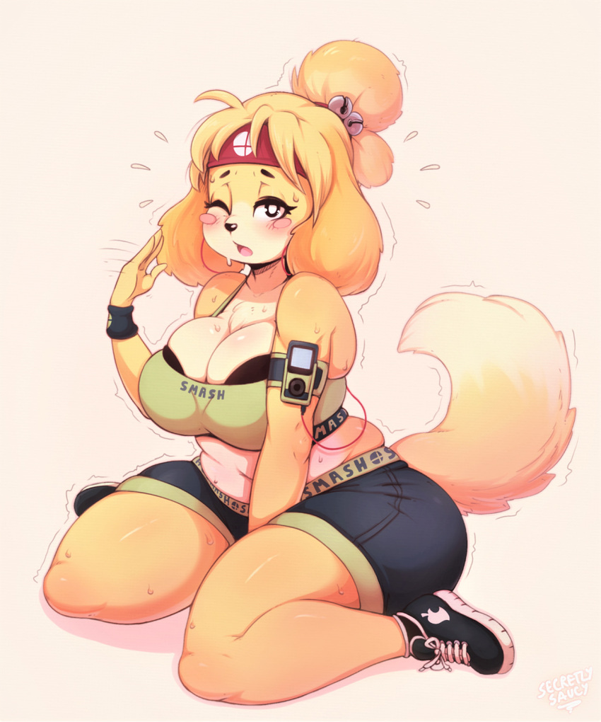 1girls animal_crossing anthro blush breasts canine cleavage clothed clothing domestic_dog female female_only isabelle_(animal_crossing) large_breasts looking_at_viewer mammal nintendo one_eye_closed secretly_saucy shiny shiny_skin shoes shorts simple_background solo sweat thick_thighs thighs tight_clothing