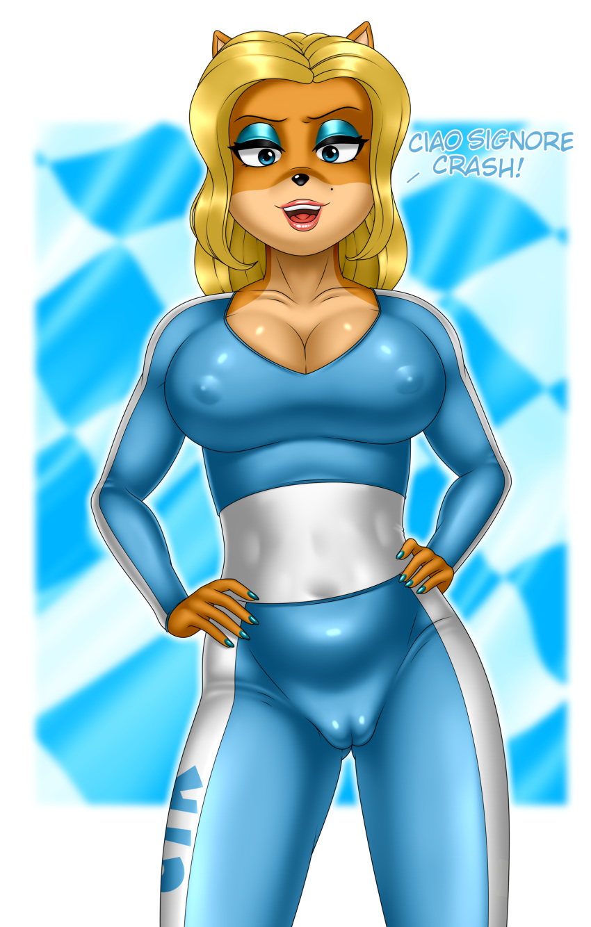 2020 5_fingers absurd_res activision anthro bandicoot beauty_mark biped black_nose blonde_hair blue_eyes bodysuit breasts buffbumblebee camel_toe cleavage clothed clothing colored_nails crash_(series) curled_hair english_text eyebrows eyelashes eyeshadow female fingers front_view fur genitals hair hands_on_hips hi_res isabella_bandicoot lips lipstick long_hair looking_at_viewer makeup mammal marsupial mole_(marking) nails nipple_outline nipples open_mouth orange_body plump_camel_toe race_queen rubber simple_background smile solo standing text tight_clothing tongue video_games