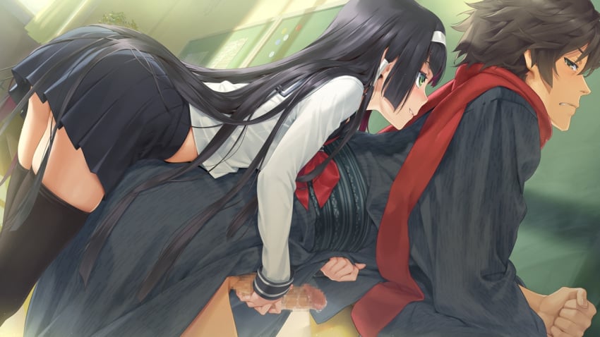 1boy ass assertive_female bent_over bishoujo_mangekyou black_hair black_legwear censored chalkboard classroom clenched_teeth clothing dutch_angle female from_side game_cg green_eyes hairband handjob happoubi_jin hime_cut indoors japanese_clothes kimono long_hair malesub mosaic_censoring natsuhiko_fukami non-web_source parted_lips pleated_skirt precum profile reach-around red_scarf renge_(bishoujo_mangekyou) scarf school_uniform serafuku skirt standing teeth thighhighs very_long_hair yukata