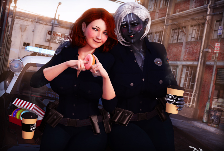 2girls 3d auburn_hair big_ass big_breasts blush dark-skinned_female dark_skin donut drow earrings faye_amberweave female female_only freckles green_eyes keara_riverdance original original_character police_uniform policewoman rasmus-the-owl realistic redhead street tattoo thick_thighs white_hair wide_hips yellow_eyes