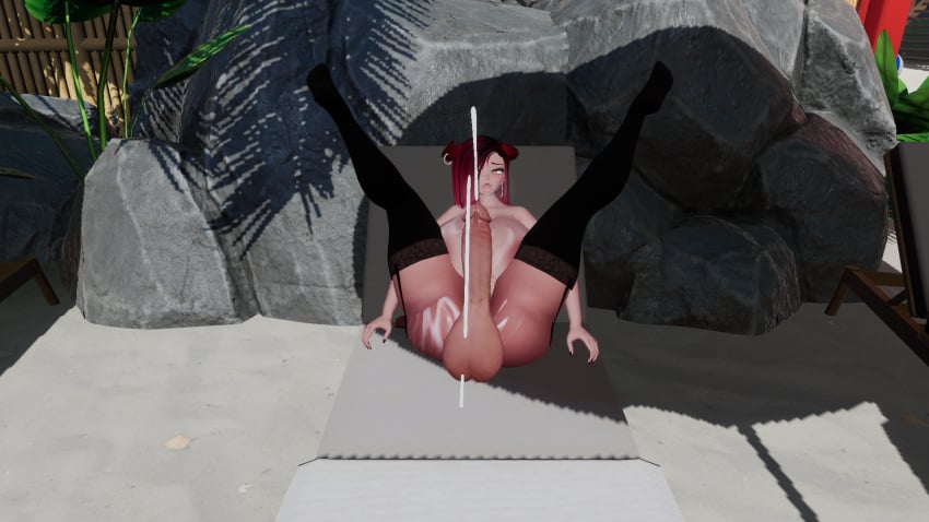 ahe_gao beach big_ass big_balls big_breasts big_penis cumming dragon_girl futanari kegorlyyri laying_down red_eyes red_hair vrchat vrchat_avatar vrchat_model